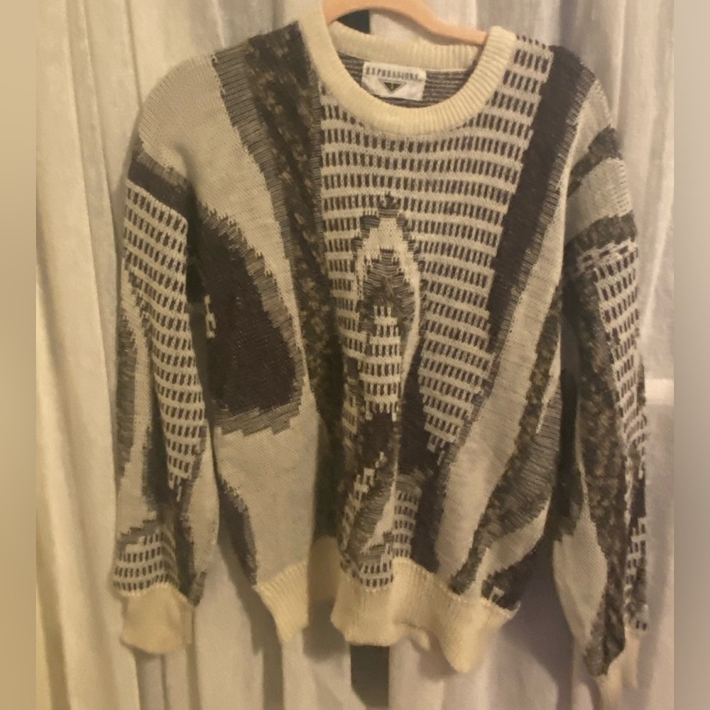 Expressions 90’s Sweater, Beige + Brown + Purple Paisley Pattern, Sz M/L